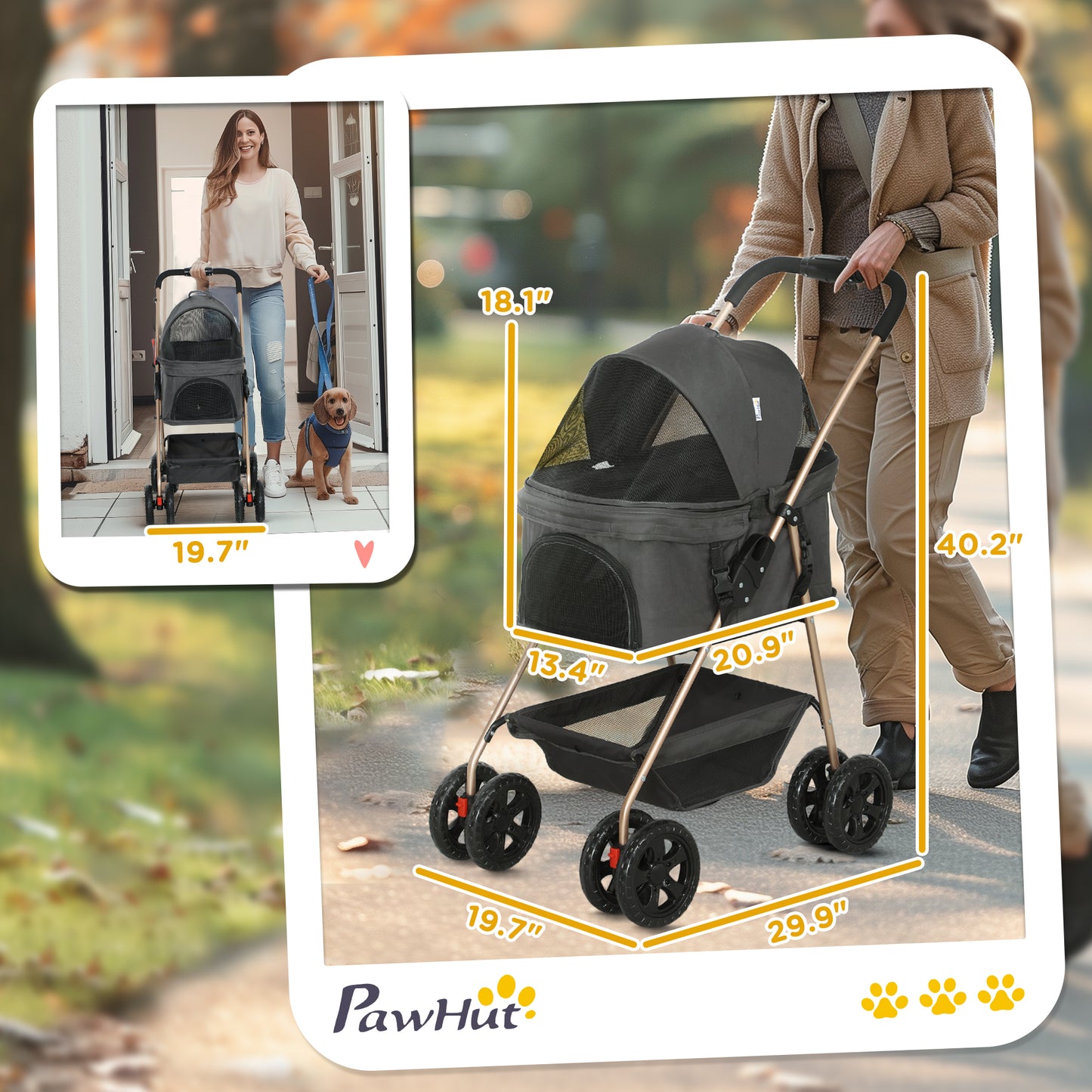 3-in-1 Pet Stroller for Small Dogs - Foldable with Detachable Carrier (Gray)